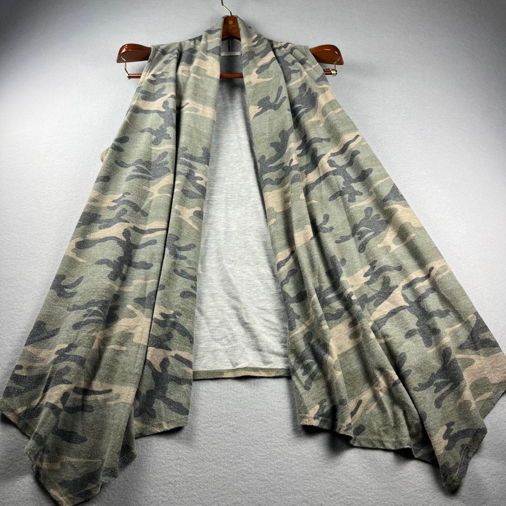 12PM by Mon Ami Womens Camo‎ Open Front Draped Waterfall Vest Green Gray A1475